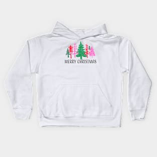 Merry Christmas greeting with whimsical trees Kids Hoodie